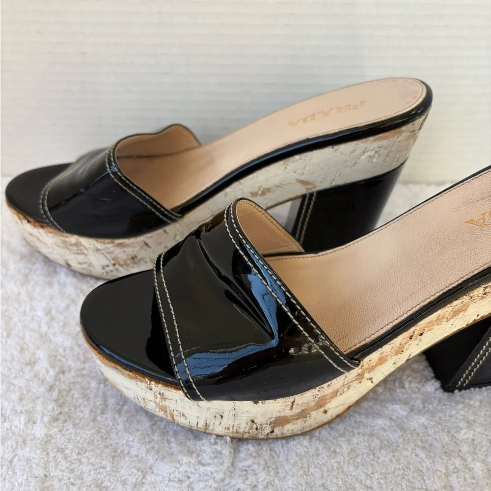 Prada Block Heels Black Patent Leather Cork Platform Slides Size EU 39.5 US 9.5